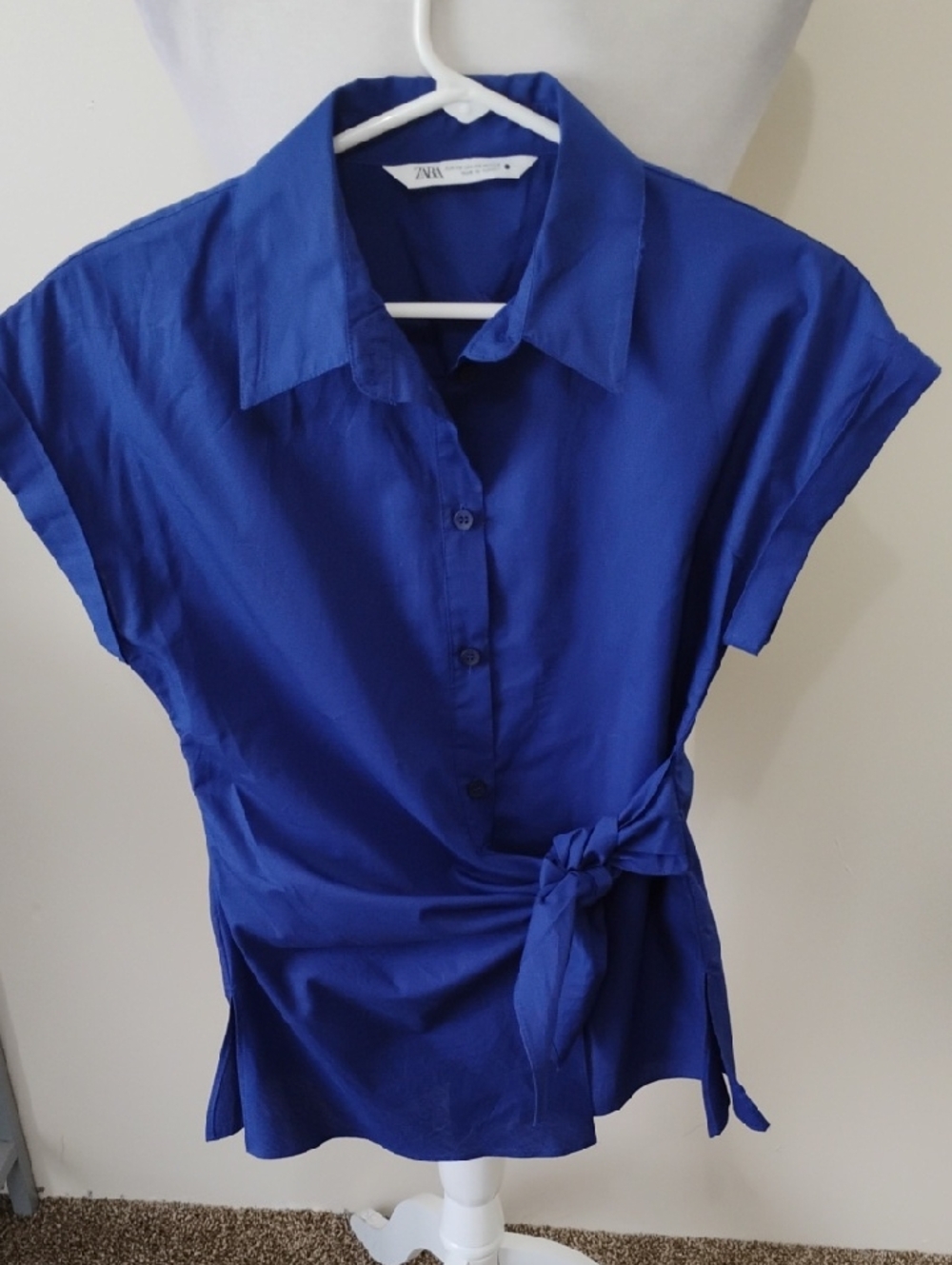 Zara Cobalt Blue Short-Sleeve Button-Front Tie-Waist Top